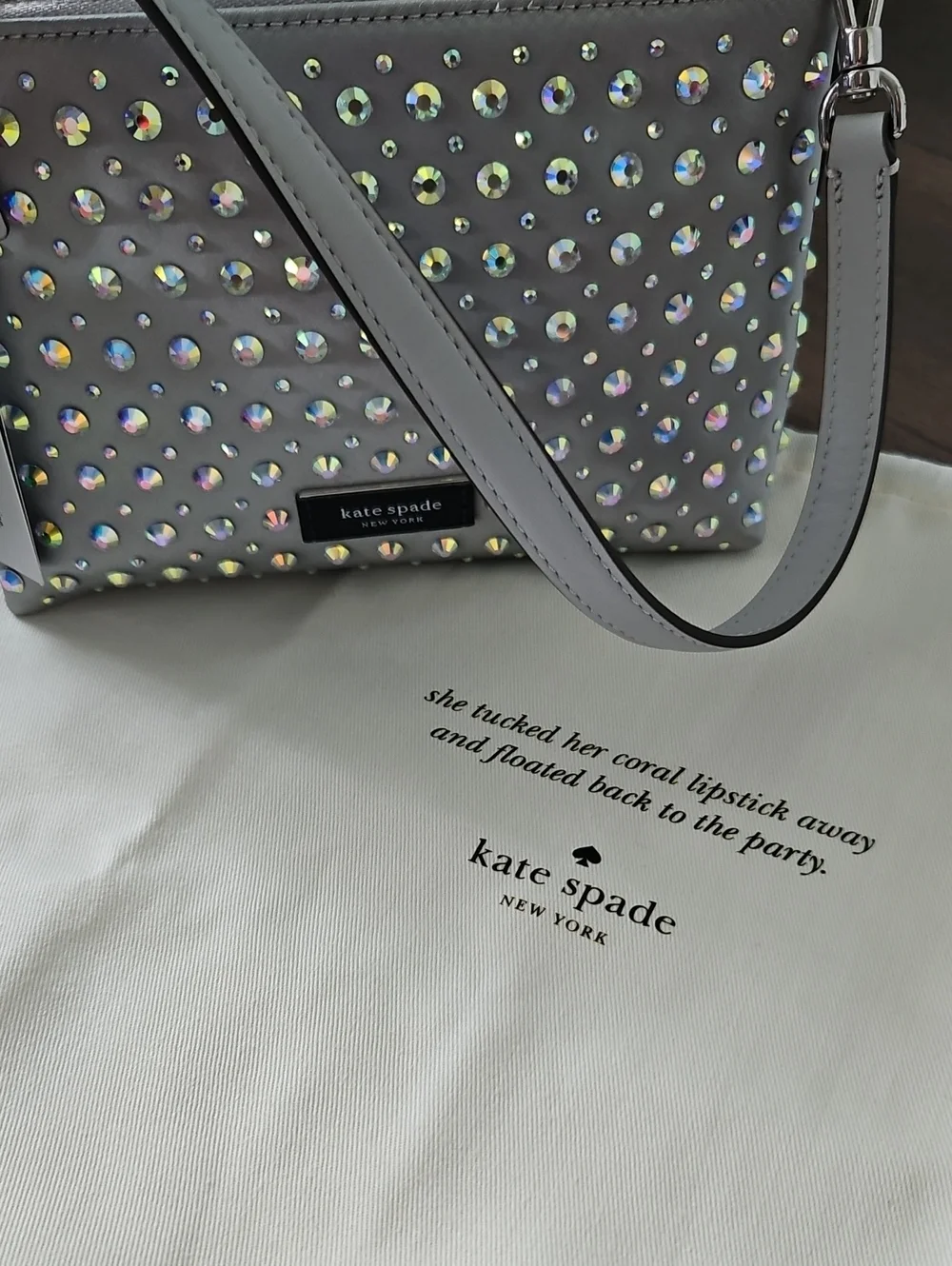 NWT Kate Spade Silver Lulu Crystal Embellished East West Pochette + Dusty